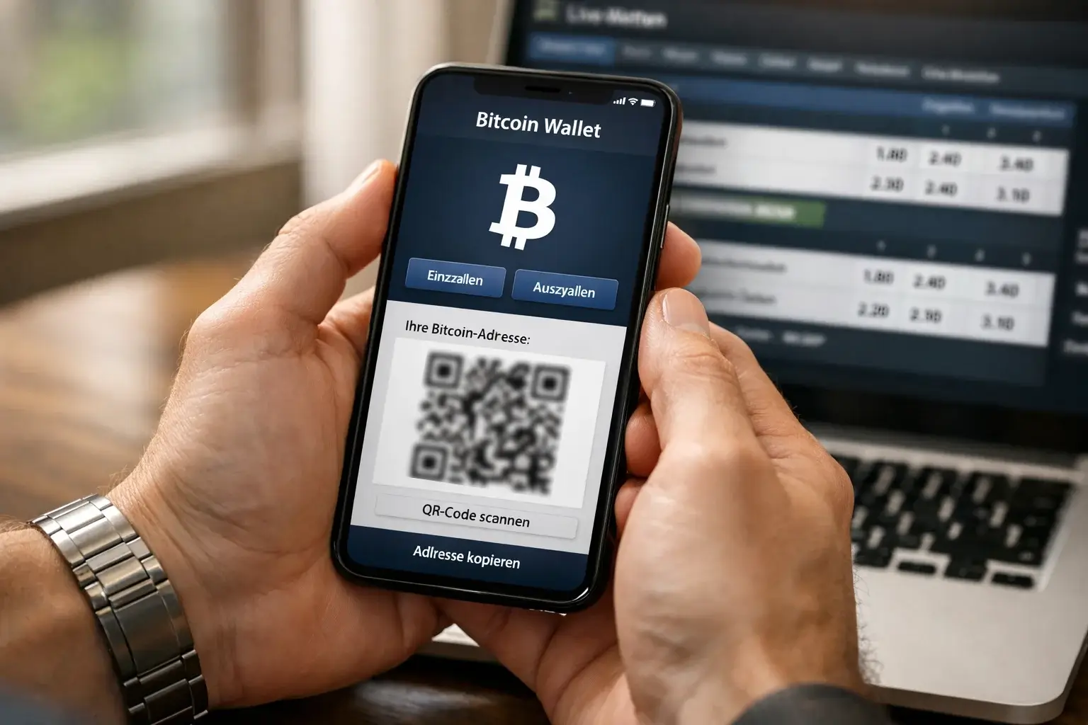 Smartphone mit Bitcoin-Wallet zeigt Einzahlungsvorgang