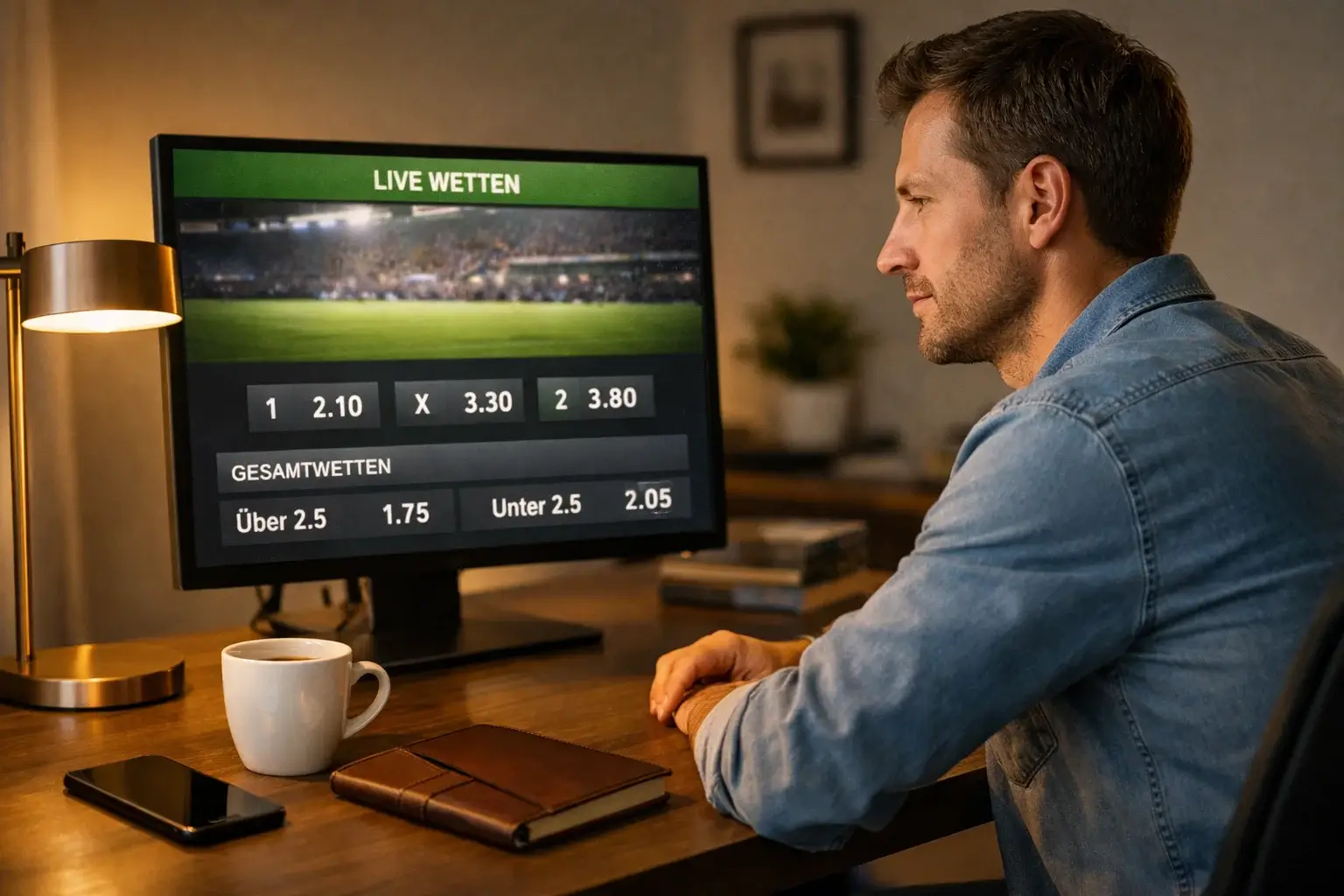 Professioneller Sportwetter analysiert Bitcoin-Wettmärkte am Laptop