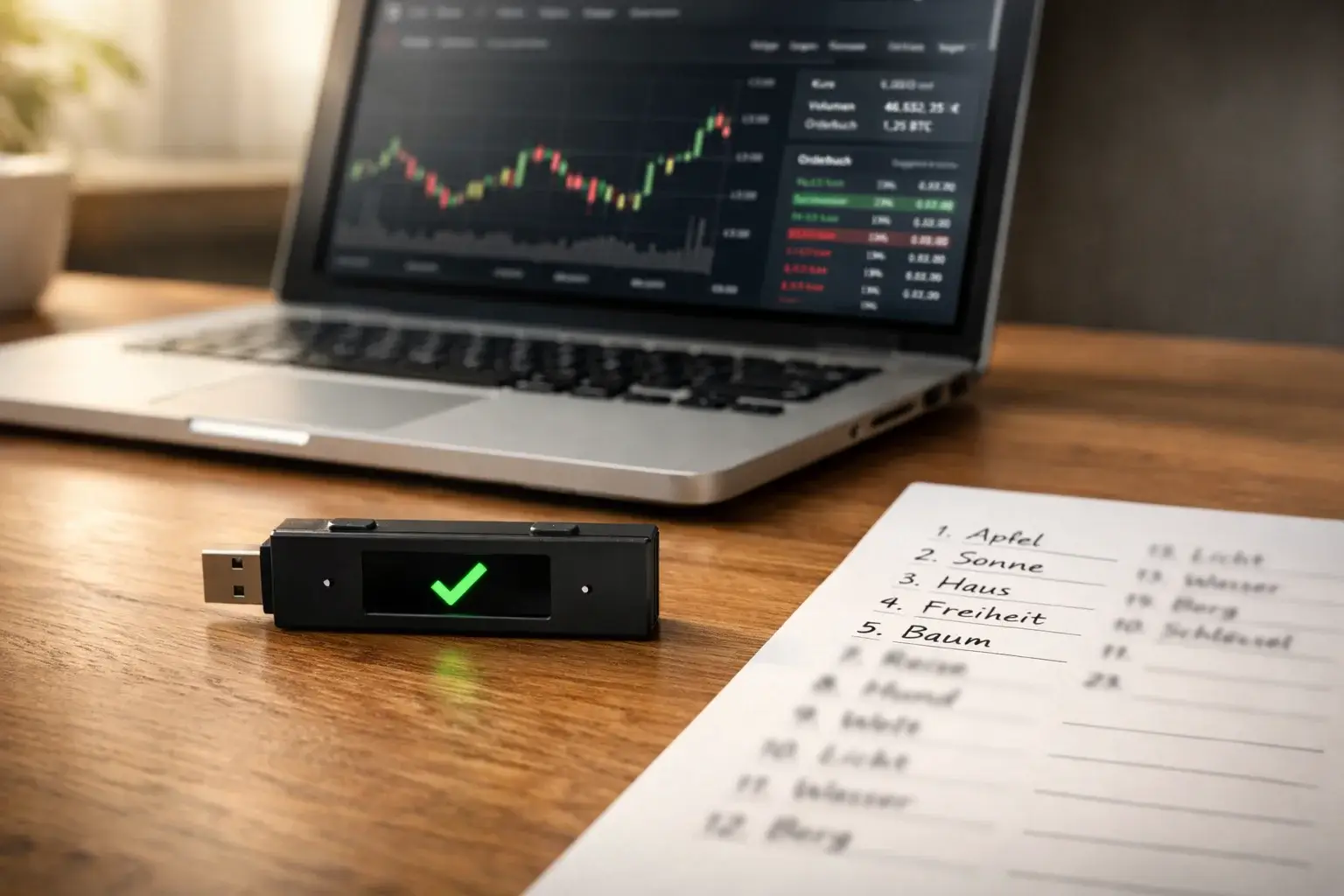 Hardware-Wallet liegt neben einem Laptop mit geöffneter Kryptobörse und handgeschriebener Seed Phrase auf Papier