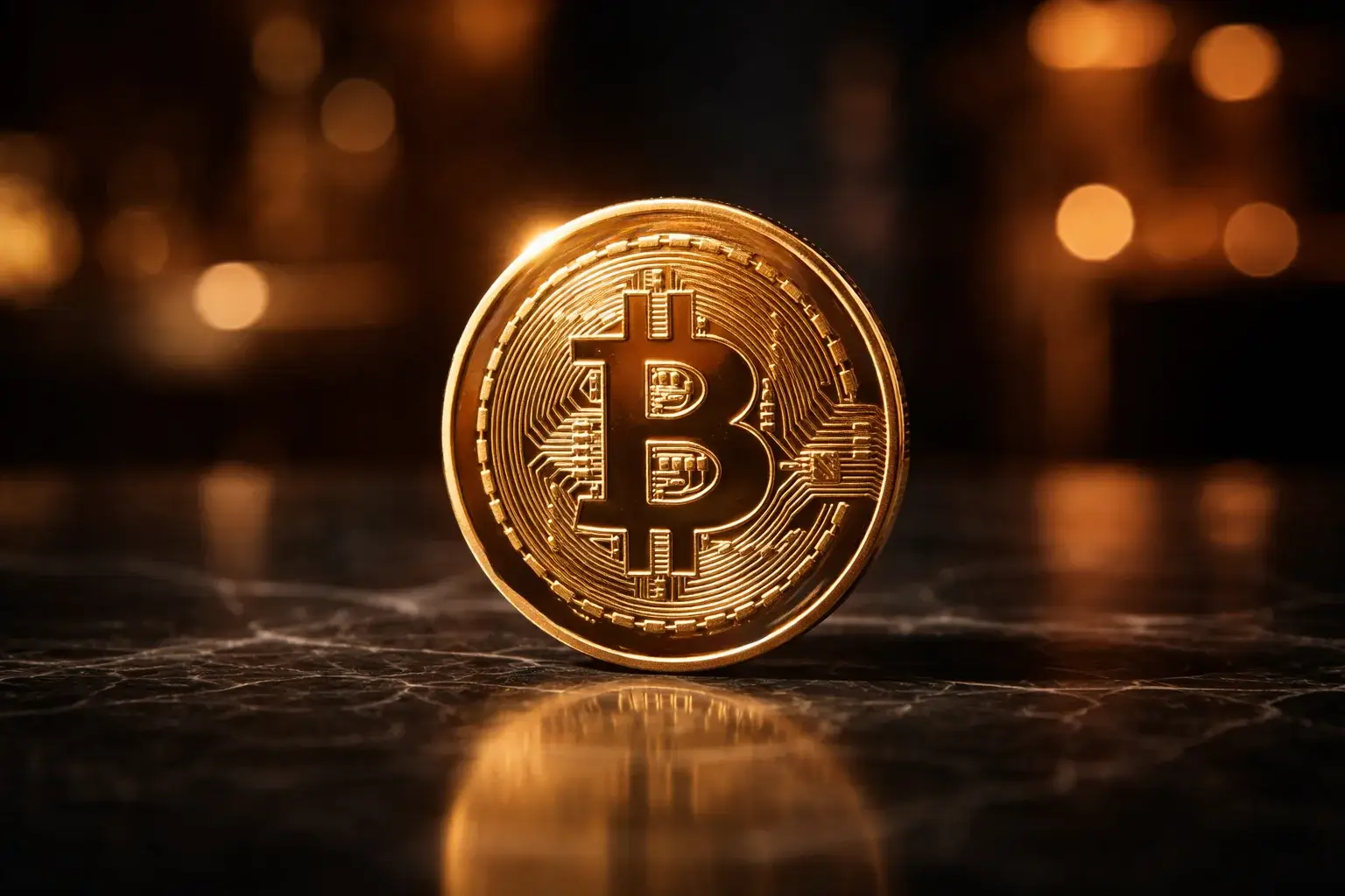 Goldene Bitcoin-Münze vor dramatischer Beleuchtung als Symbol für High-Stakes Krypto-Sportwetten