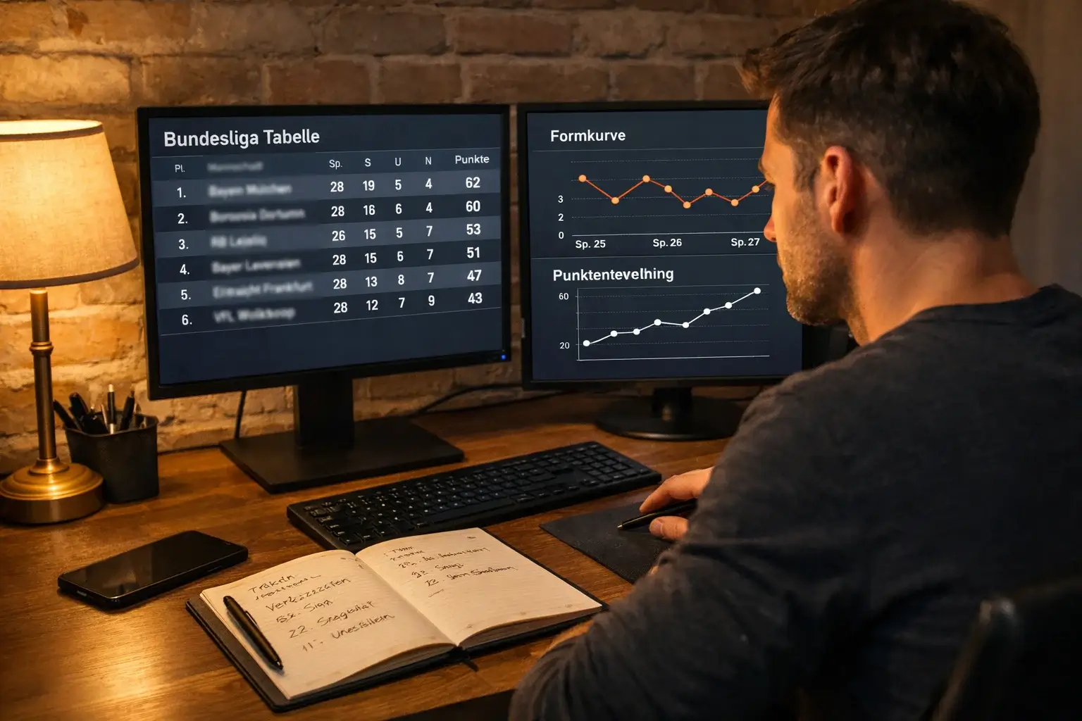 Konzentrierter Mann analysiert Sportwetten-Statistiken auf mehreren Bildschirmen in einem modernen Büro