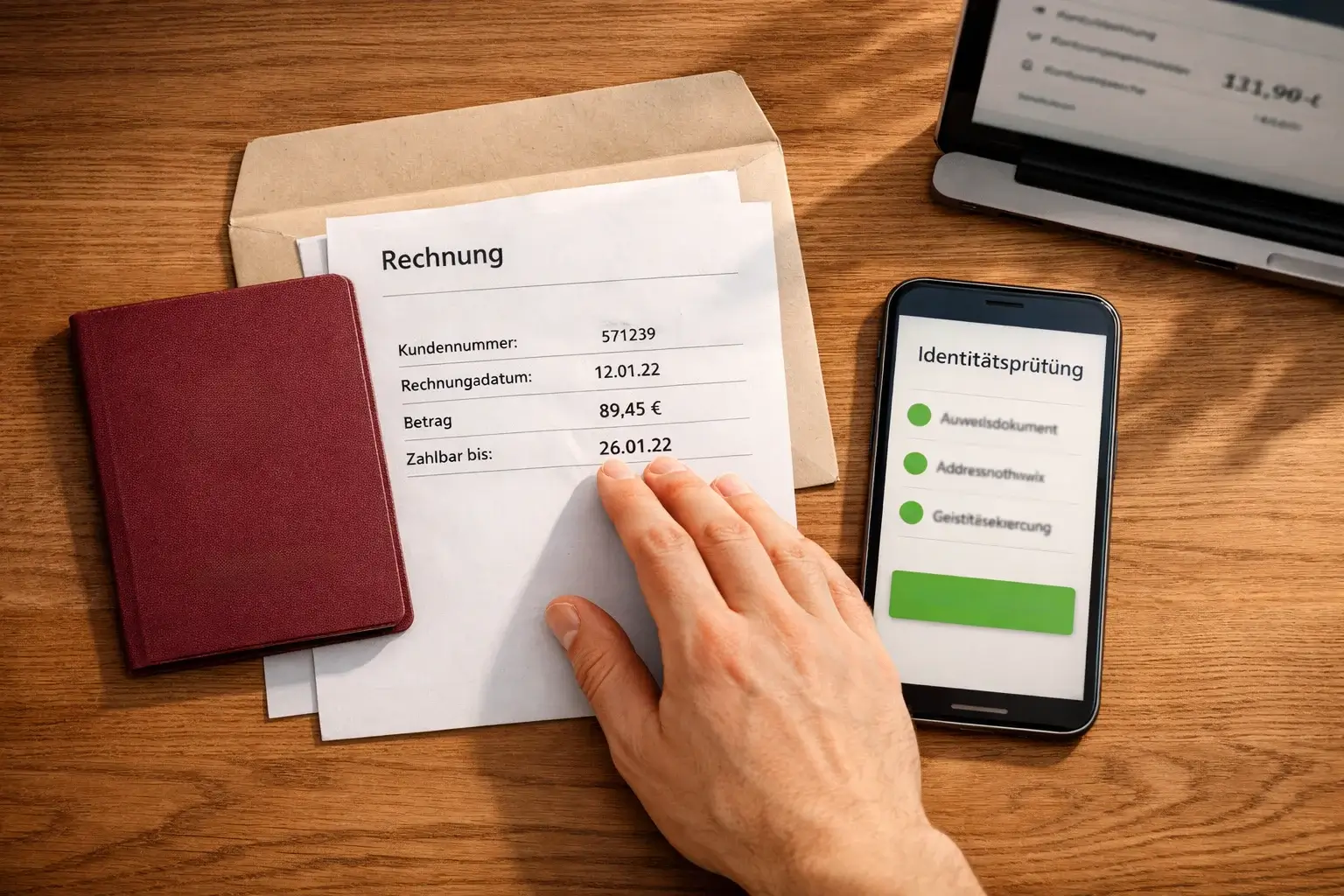 Ausweis und Adressnachweis auf Schreibtisch für Verifizierung