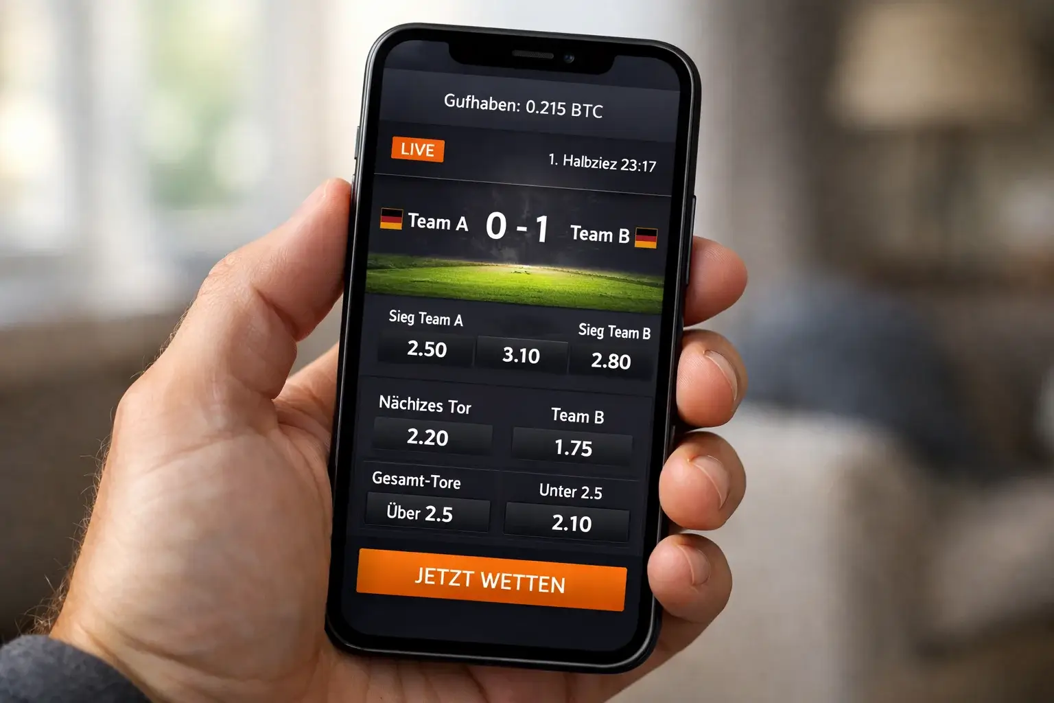 Smartphone-Display zeigt Sportwetten-App mit Bitcoin-Guthaben und Live-Quoten für ein Fußballspiel