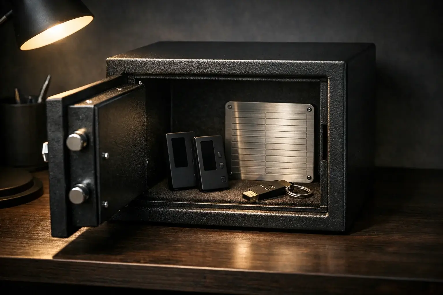 Tresorraum mit Hardware-Wallets, YubiKey-Sicherheitsschlüssel und metallener Seed-Phrase-Aufbewahrung