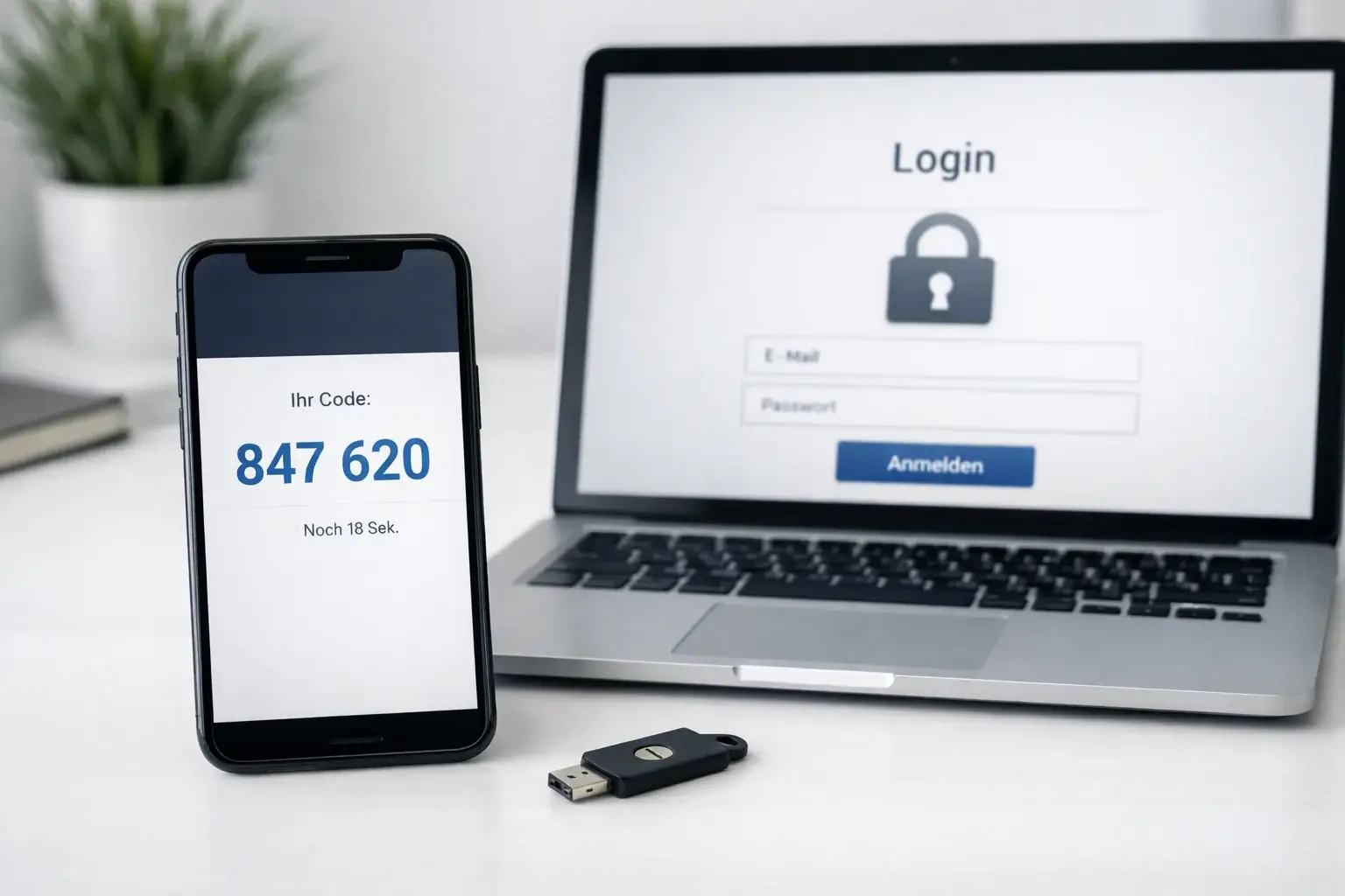 Smartphone mit Zwei-Faktor-Authentifizierung neben Laptop