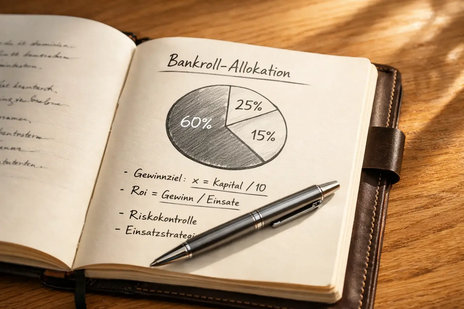 Aufgeschlagenes Notizbuch mit handschriftlicher Bankroll-Berechnung und Kugelschreiber auf einem Holzschreibtisch